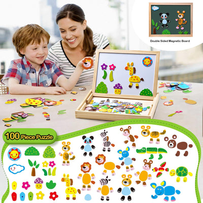 Magnetic wooden puzzles, double-sided magnetic drawing board with 3 color markers for children