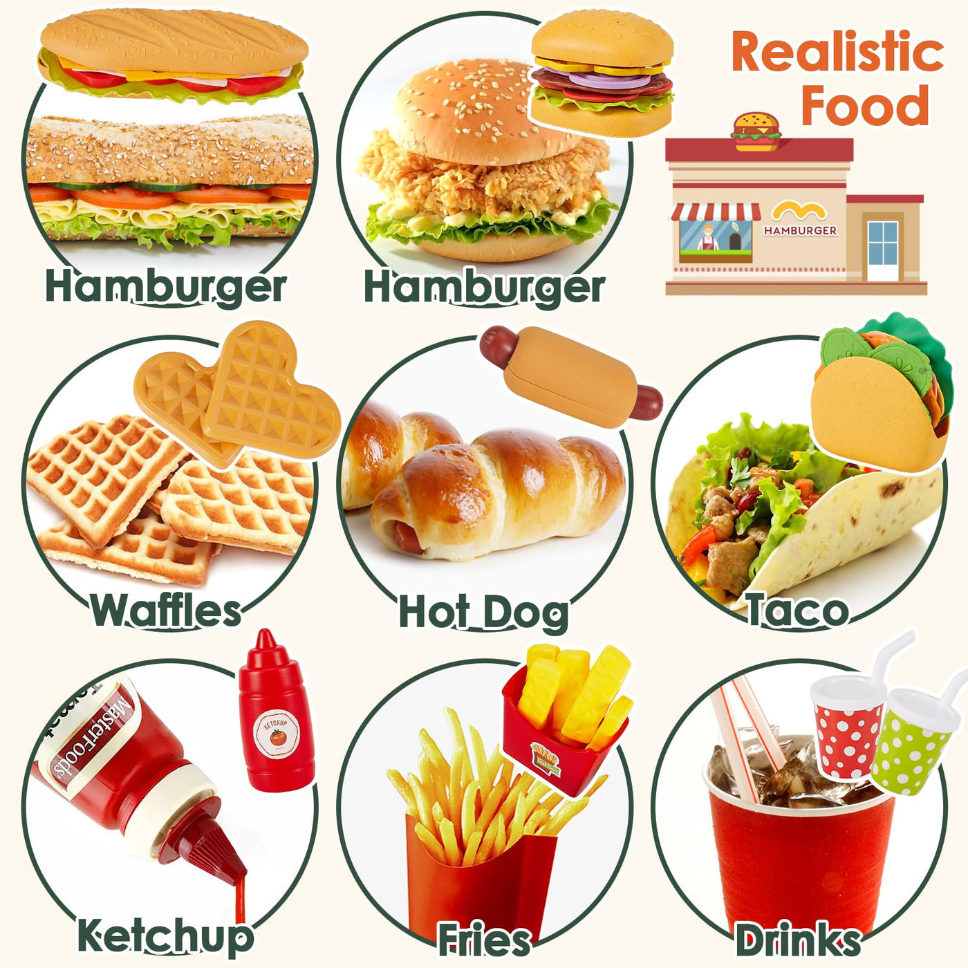 Jouet de cuisine Jouet Alimentaire pour enfants, Accessoires de cuisine pour enfants, Taco Hamburger Fast Food Jouet de gril pour enfants, Nourriture de jeu en plastique pour Cuisine de boue, Jeu de rôle