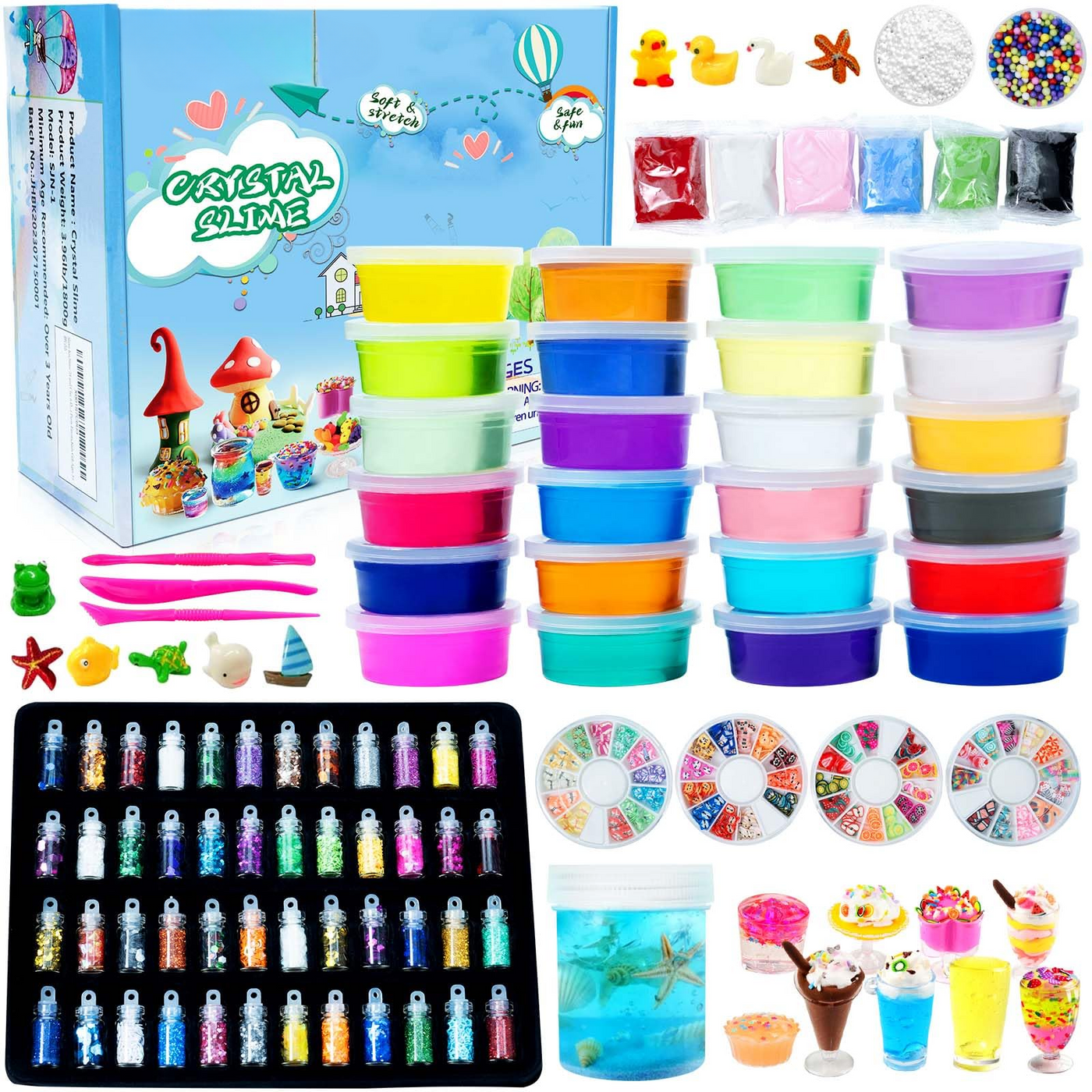 Kit Slime Fluffy - 24 couleurs de slime avec 48 poudres pailletées, accessoires slime transparents pour le bricolage des enfants