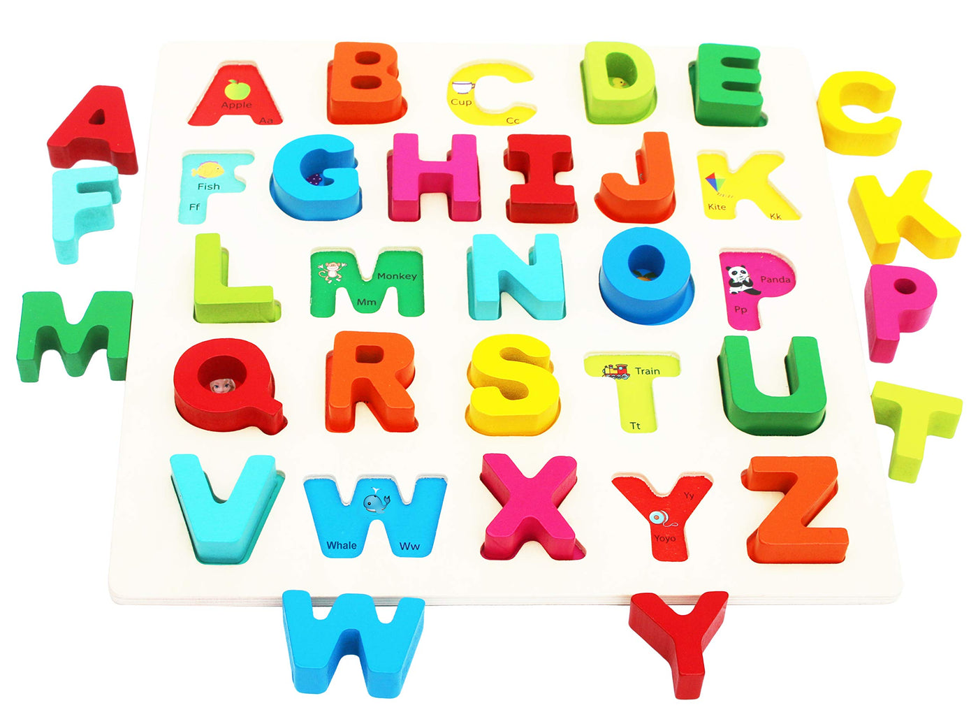 Wooden alphabet toy for toddlers - game board with large letters and English vocabulary - wooden puzzle