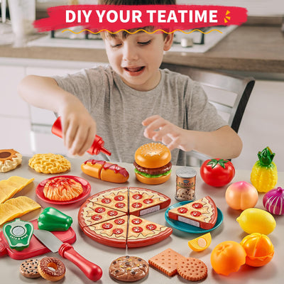 ensembles de Nourriture de Jeu pour Enfants Cuisine 80 Pièces Semblant de Nourriture avec 2 Paniers de Pique-nique pour Enfants, Nourriture Jouet avec Jouet à Pizza, Jouet de Coupe de Nourriture en Plastique