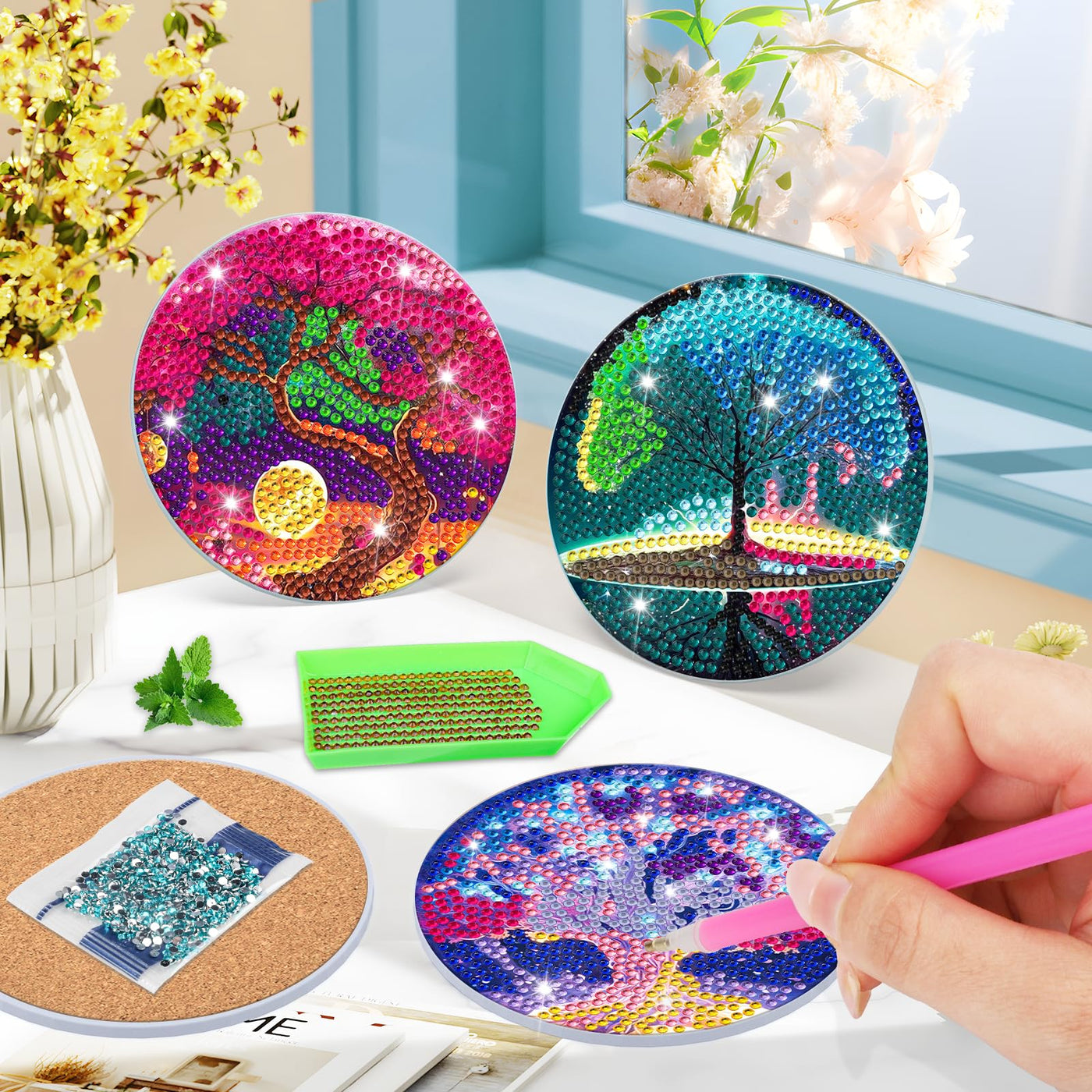 8 PCS Diamond Painting Coasters with Holder