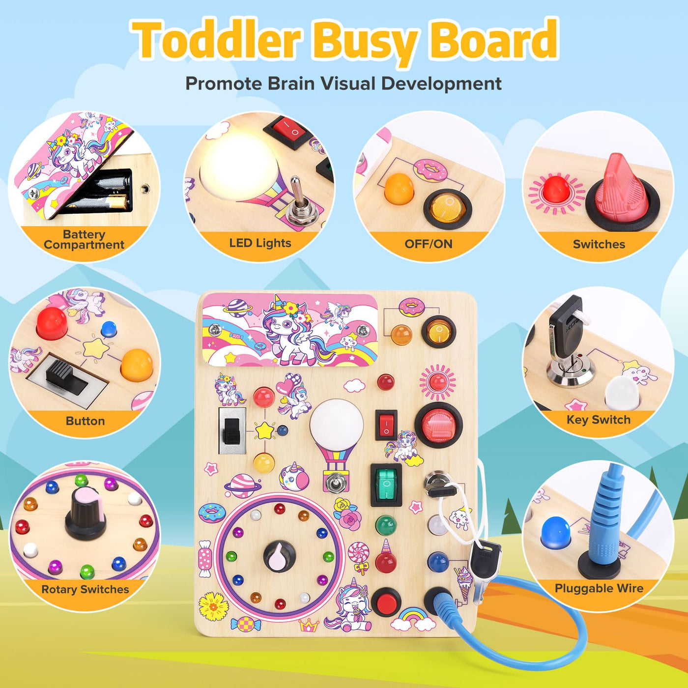 Busy Board toy Activity Board toy Wooden toy with 10 switches 23 LED lights