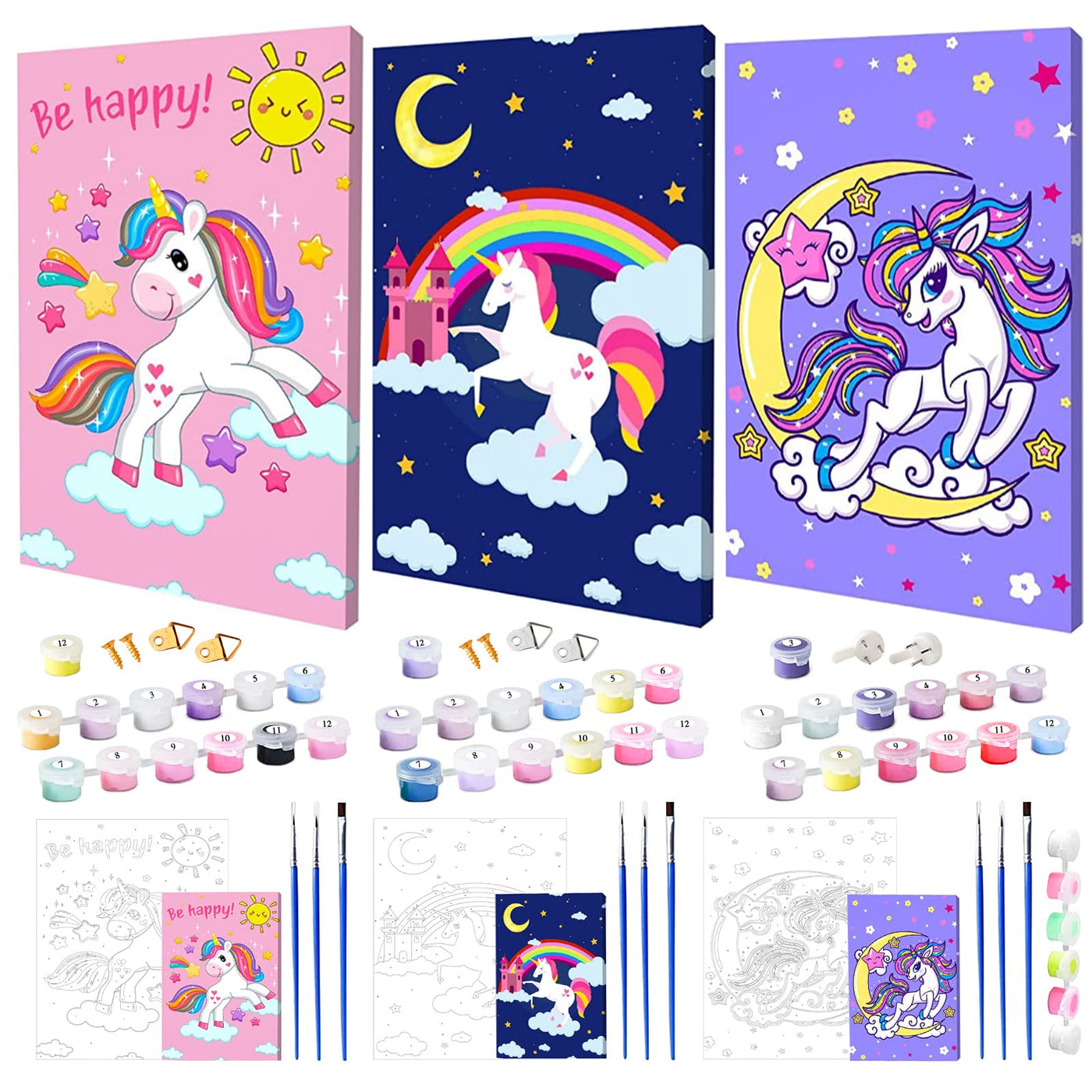 Paint by Numbers Kids Unicorn, Colorful Unicorn World, Girls Paint by Numbers craft set with brushes and acrylic paints