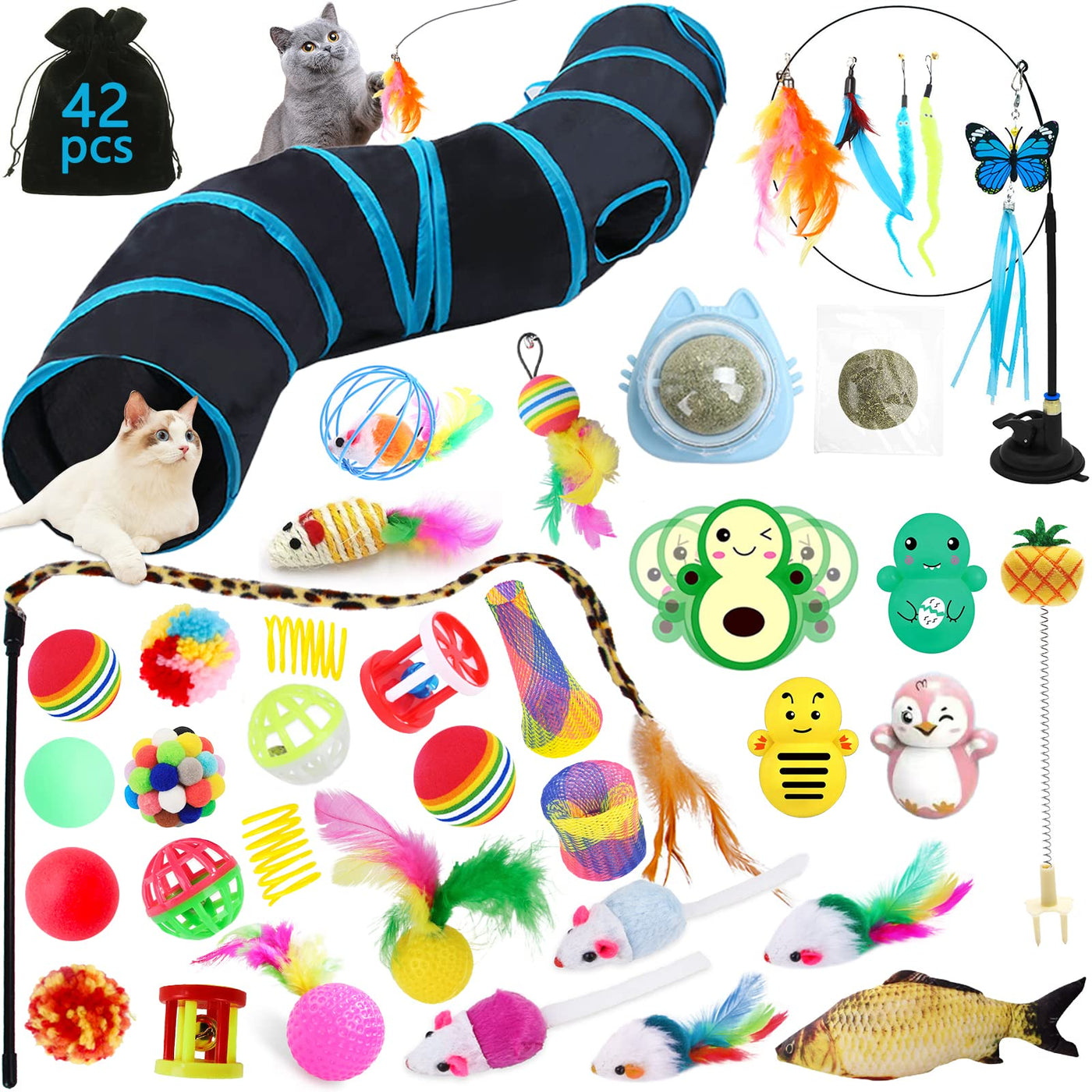 Ensemble de Jouets pour Chat avec Tunnel pour Chat, Ensemble de Jouets pour Chat de 42 Pièces, avec Balles, Jouet en Plumes, Chats Souris Jouets, Herbe à Chat, Poisson, Tunnel pour Chat à 2 Voies