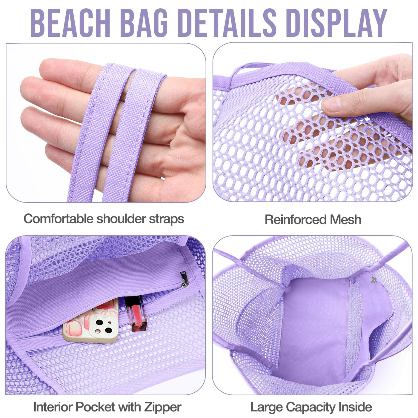 Sac de plage en maille, grand, pliable, sac de natation en maille avec poches, étanche au sable, étanche à l'eau
