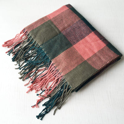 Winter scarf plaid oversized square blanket scarf, fringed poncho