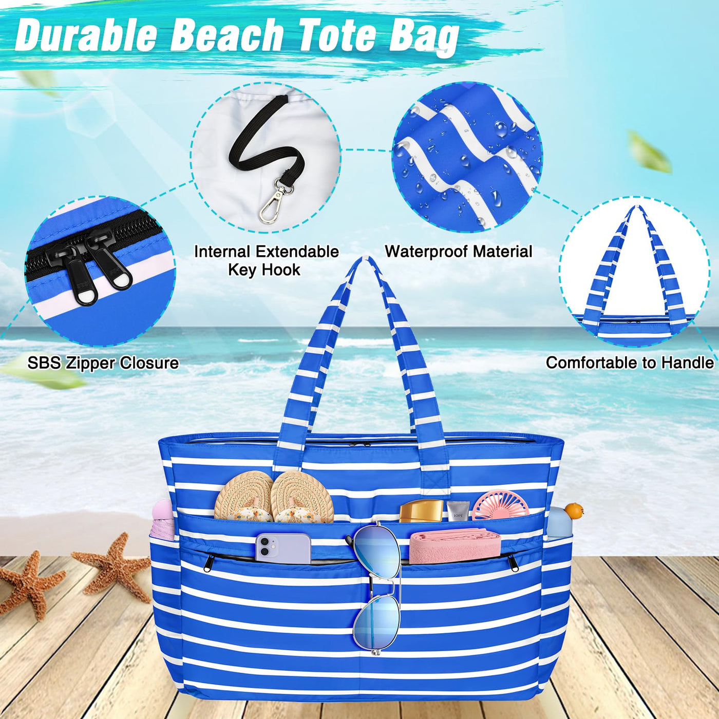 Grand sac de plage imperméable avec fermeture éclair