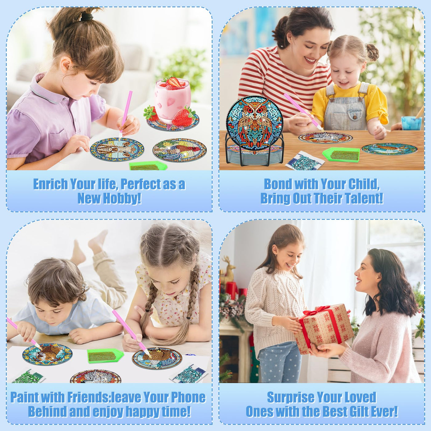8 PCS Diamond Painting Coasters with Holder