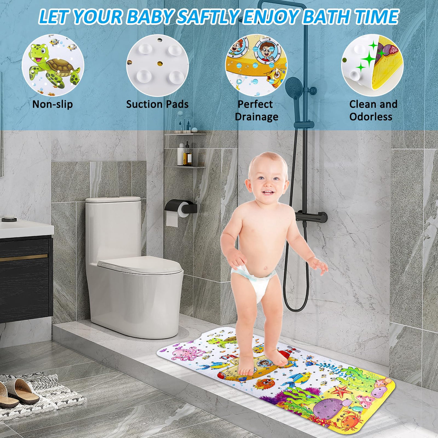 Tapis de baignoire Tapis de bain imprimé résistant aux moisissures, revêtement de baignoire antidérapant