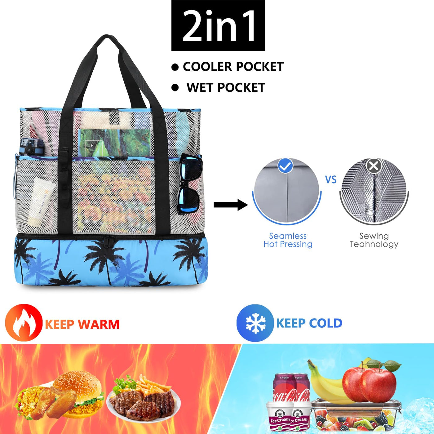Sac de plage en maille grand pliable avec sac isotherme étanche
