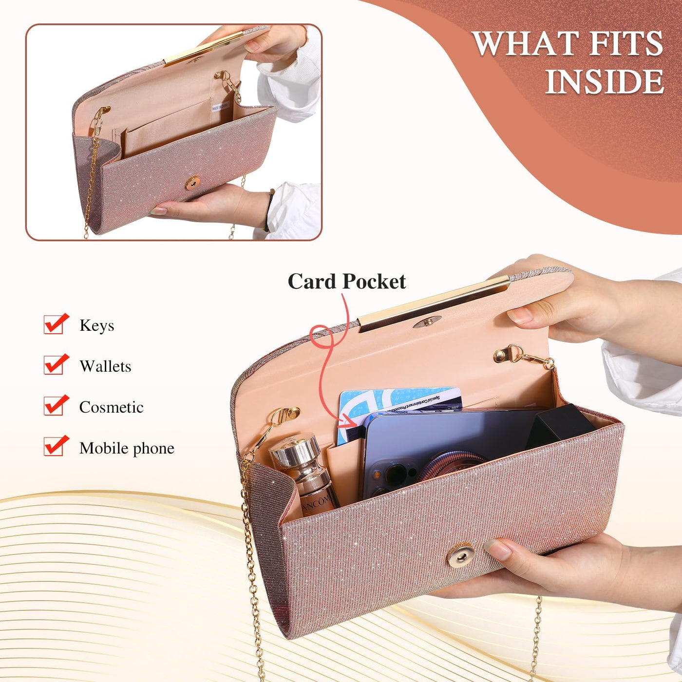 Sac de soirée, sac à main à la mode, pochette de mariage élégante, sac à chaîne enveloppe