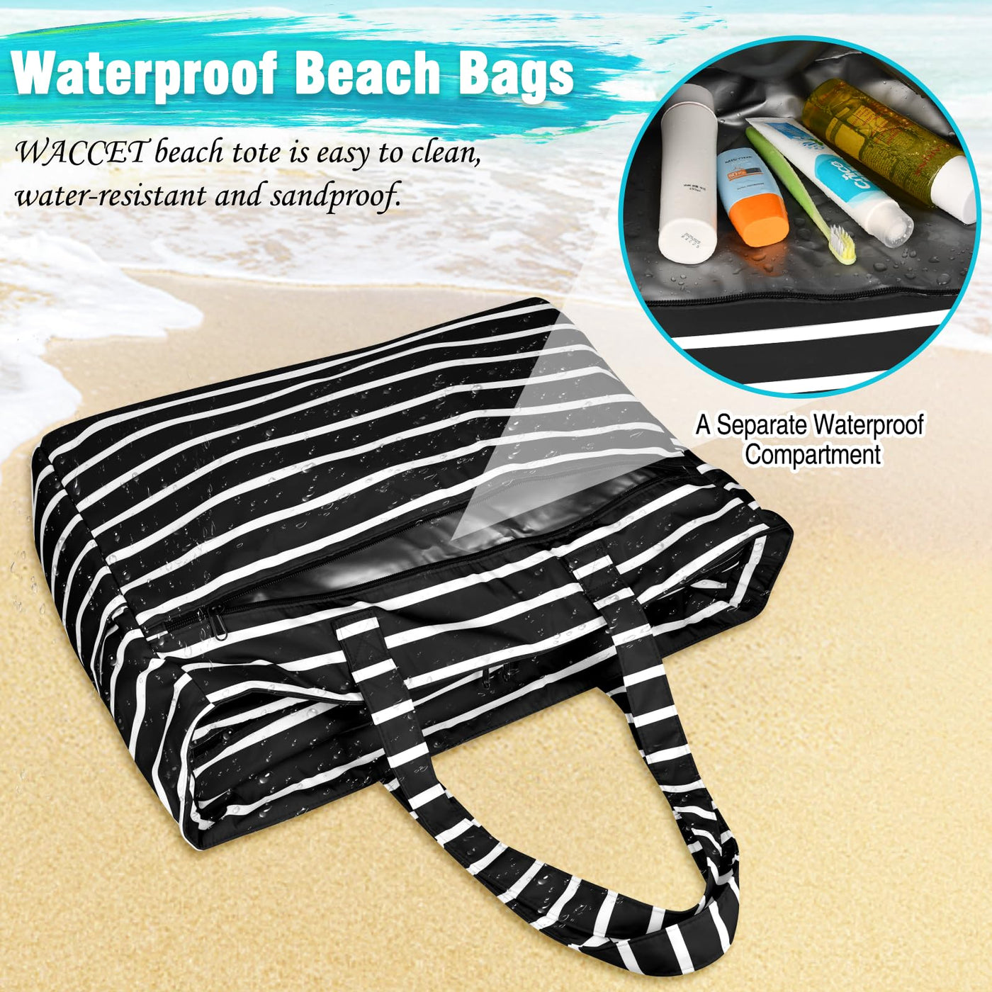 Grand sac de plage imperméable avec fermeture éclair
