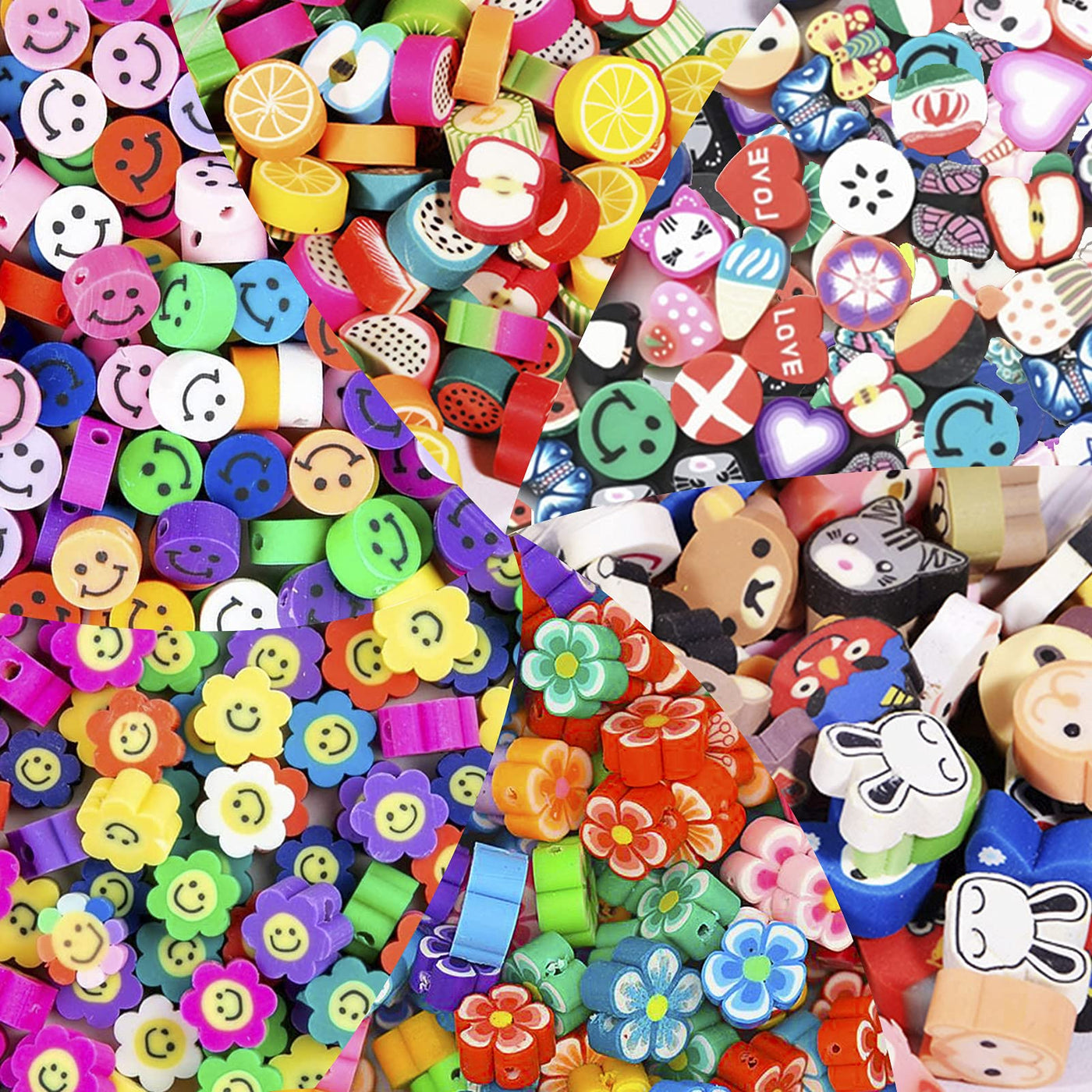 300 pieces of smiley beads polymer clay beads for children's bracelets, craft beads for threading children with colorful fruits, animals, flowers, smiley face, for making jewelry bracelets