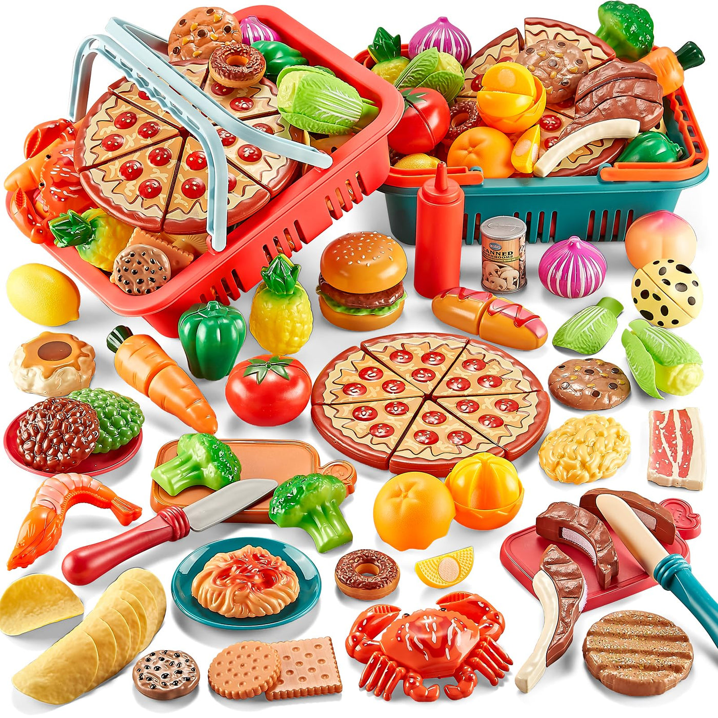 ensembles de Nourriture de Jeu pour Enfants Cuisine 80 Pièces Semblant de Nourriture avec 2 Paniers de Pique-nique pour Enfants, Nourriture Jouet avec Jouet à Pizza, Jouet de Coupe de Nourriture en Plastique