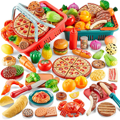 ensembles de Nourriture de Jeu pour Enfants Cuisine 80 Pièces Semblant de Nourriture avec 2 Paniers de Pique-nique pour Enfants, Nourriture Jouet avec Jouet à Pizza, Jouet de Coupe de Nourriture en Plastique