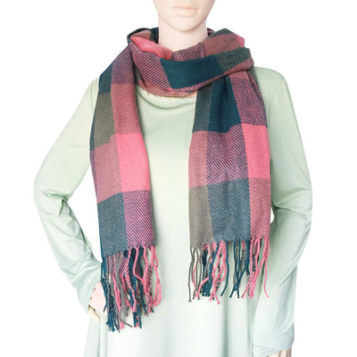 Winter scarf plaid oversized square blanket scarf, fringed poncho