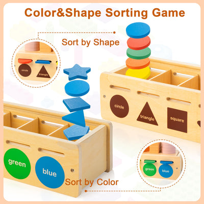 Matching wooden toys for preschoolers, shape and color sorting box, wooden stacking toys including geometric blocks and math counters