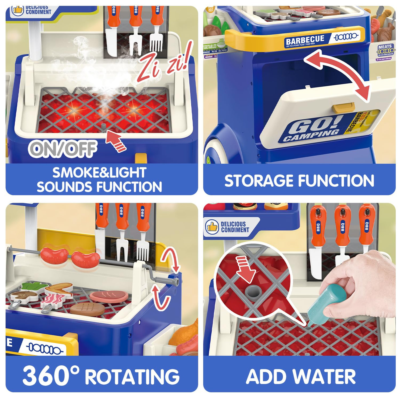 Children's BBQ Grill Toy, Kitchen Toy Set, Realistic Smoke BBQ Grill Play Set with Toy Kitchen Accessories, Cutting Toy, Sound Effects