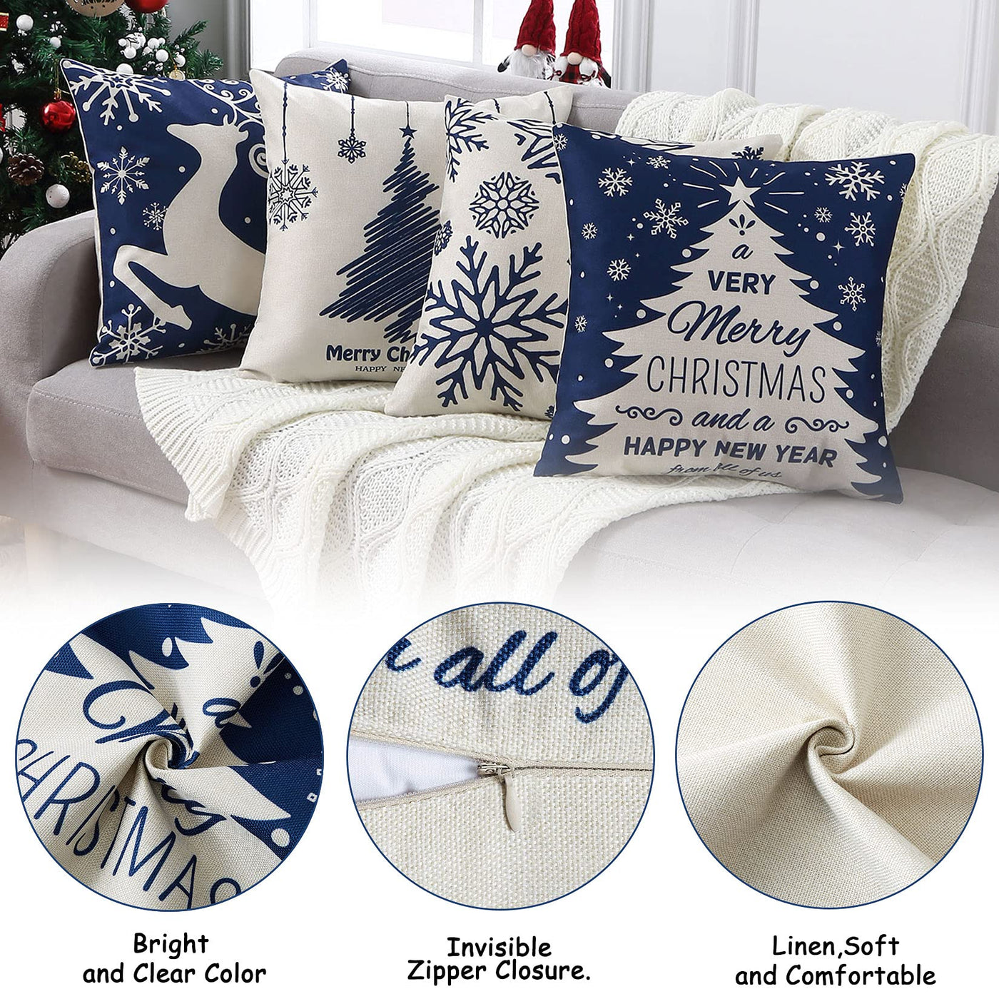 Christmas cushion cover set of 4 linen look cushion covers