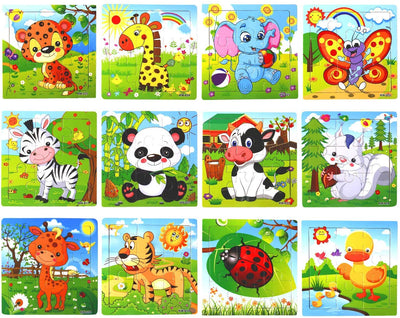 Wooden animal puzzles and organizer bag for each puzzle for children