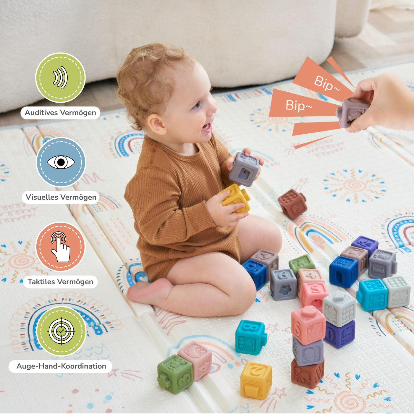 Jouets pour bébés et enfants en silicone - 12 cubes d'activités sensorielles - développement précoce et dentition