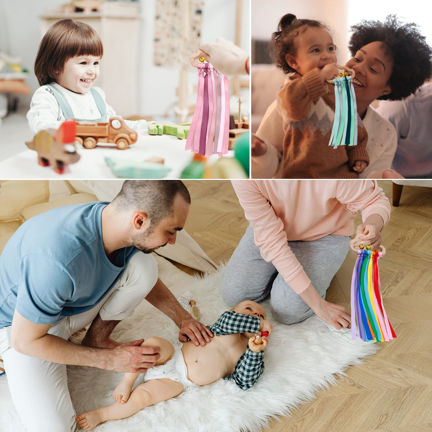 Rainbow wooden rattle band 2 pieces, rainbow wooden band ring toy, circle for babies