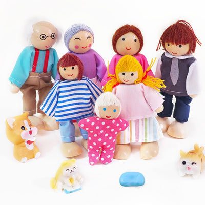 Figurines de Maison de Poupées 11 Pièces Poupées en Bois Famille Pliant des Poupées avec Chat et Chien pour Accessoires de Maison de Poupée