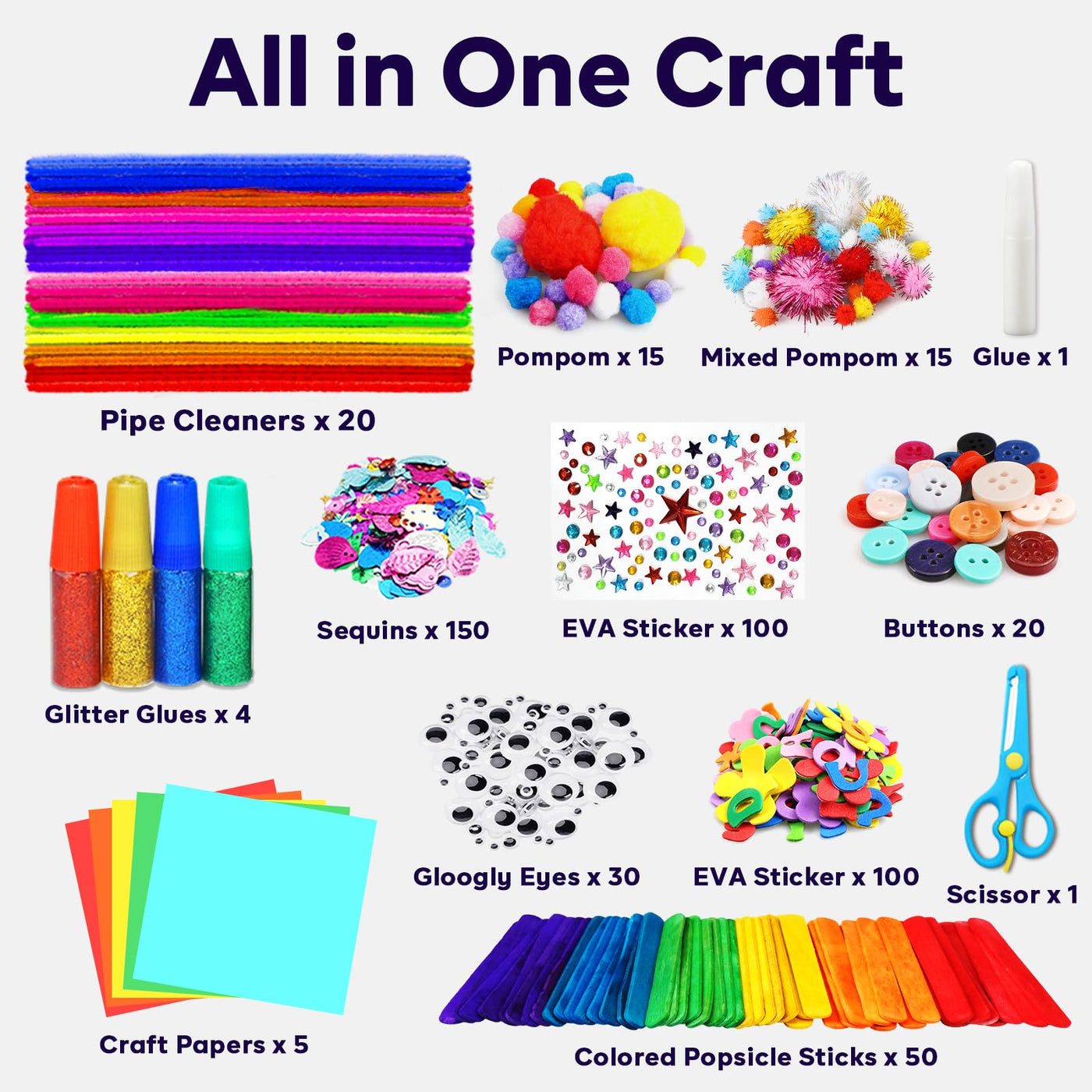 Colorful craft supplies for crafting craft kits for children with colored paper, foam rubber, pipe cleaners