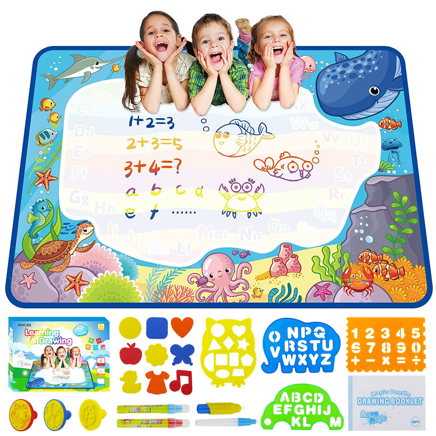 Water Doodle Mat, Aqua Magic Painting Mat Colorful Marine Elements Drawing Painting Mat