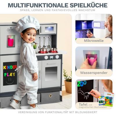 Grande Cuisine Ludique en Bois – Cuisine Grise pour enfants avec Son et Lumière, Cuisine Ludique de 83 à 97 cm de hauteur jusqu'au plan de travail de 46 à 60 cm