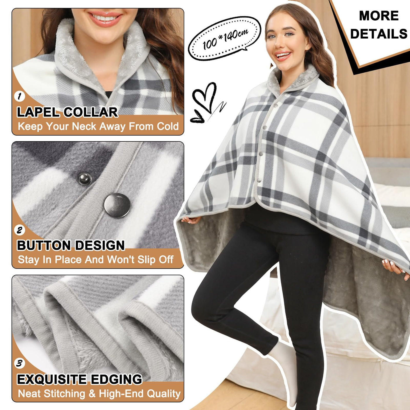 Echarpe d'hiver avec bouton Echarpe couverture douce Poncho polaire surdimensionné Cape Pullover