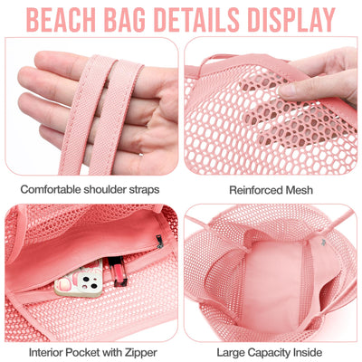 Sac de plage en maille, grand, pliable, sac de natation en maille avec poches, étanche au sable, étanche à l'eau