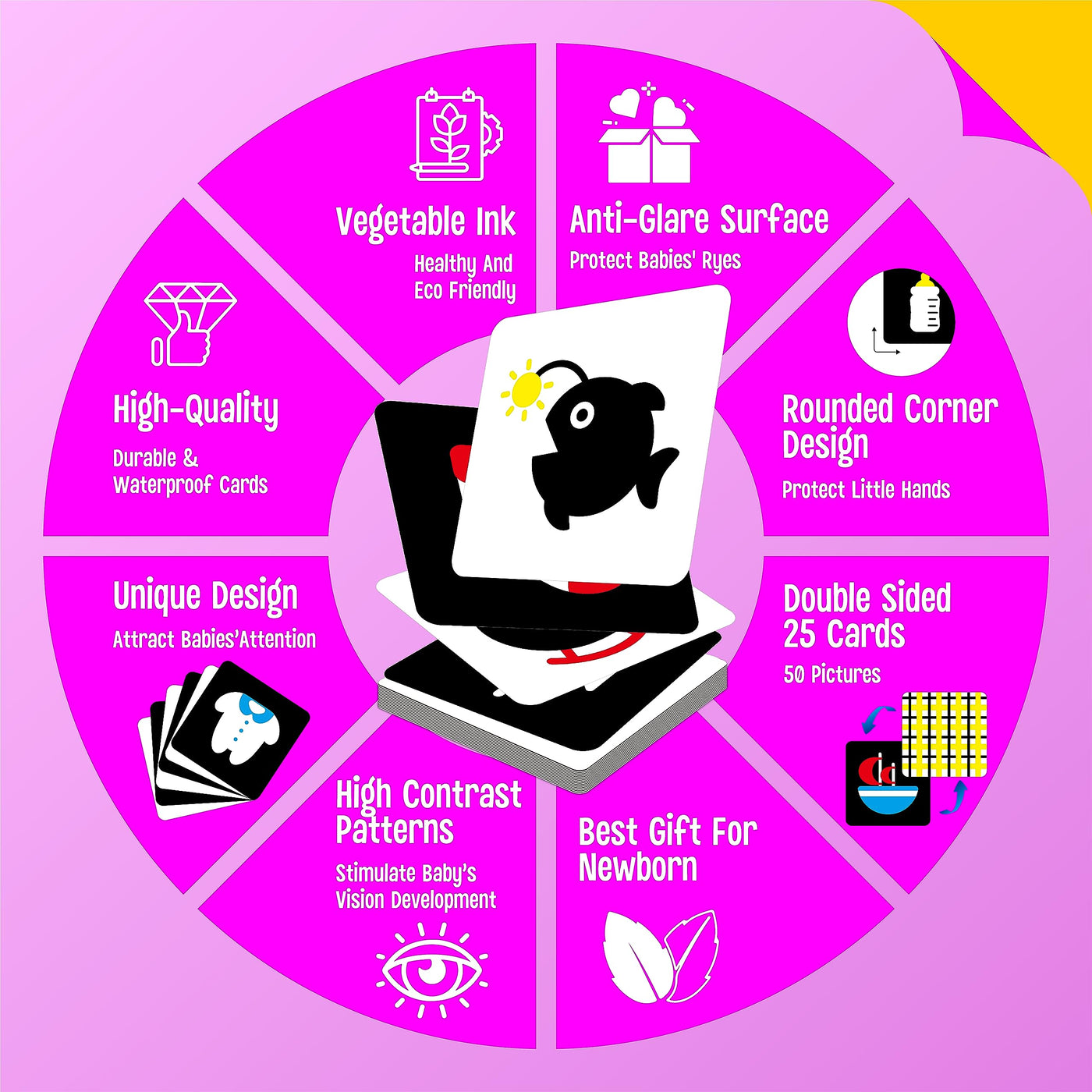 50 pages de cartes de stimulation visuelle colorées pour bébés, 25 pièces de cartes à code couleur très contrasté