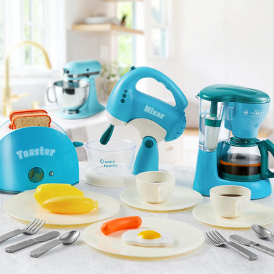 Play kitchen accessory set for children, pretend kitchen toy, coffee maker, blender, toaster with realistic lights & sounds