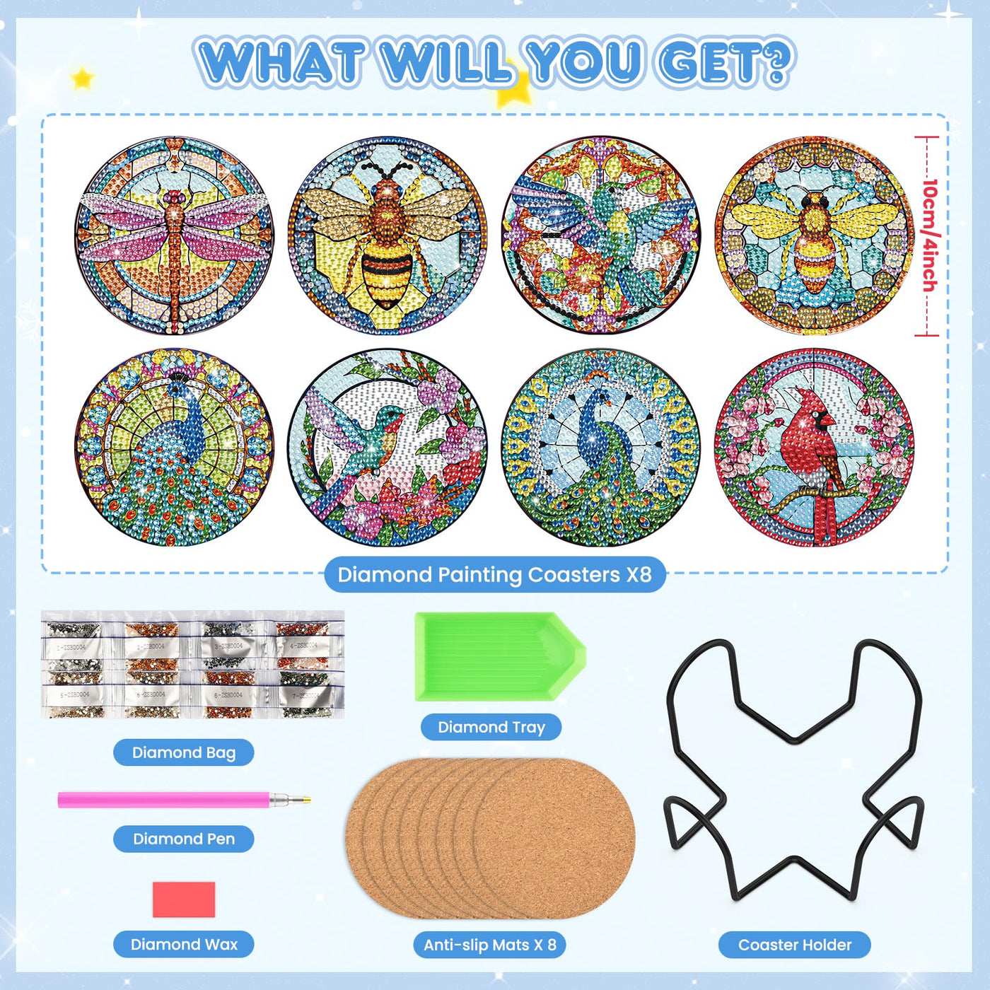 8 PCS Diamond Painting Coasters with Holder