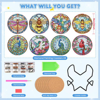 8 PCS Diamond Painting Coasters with Holder