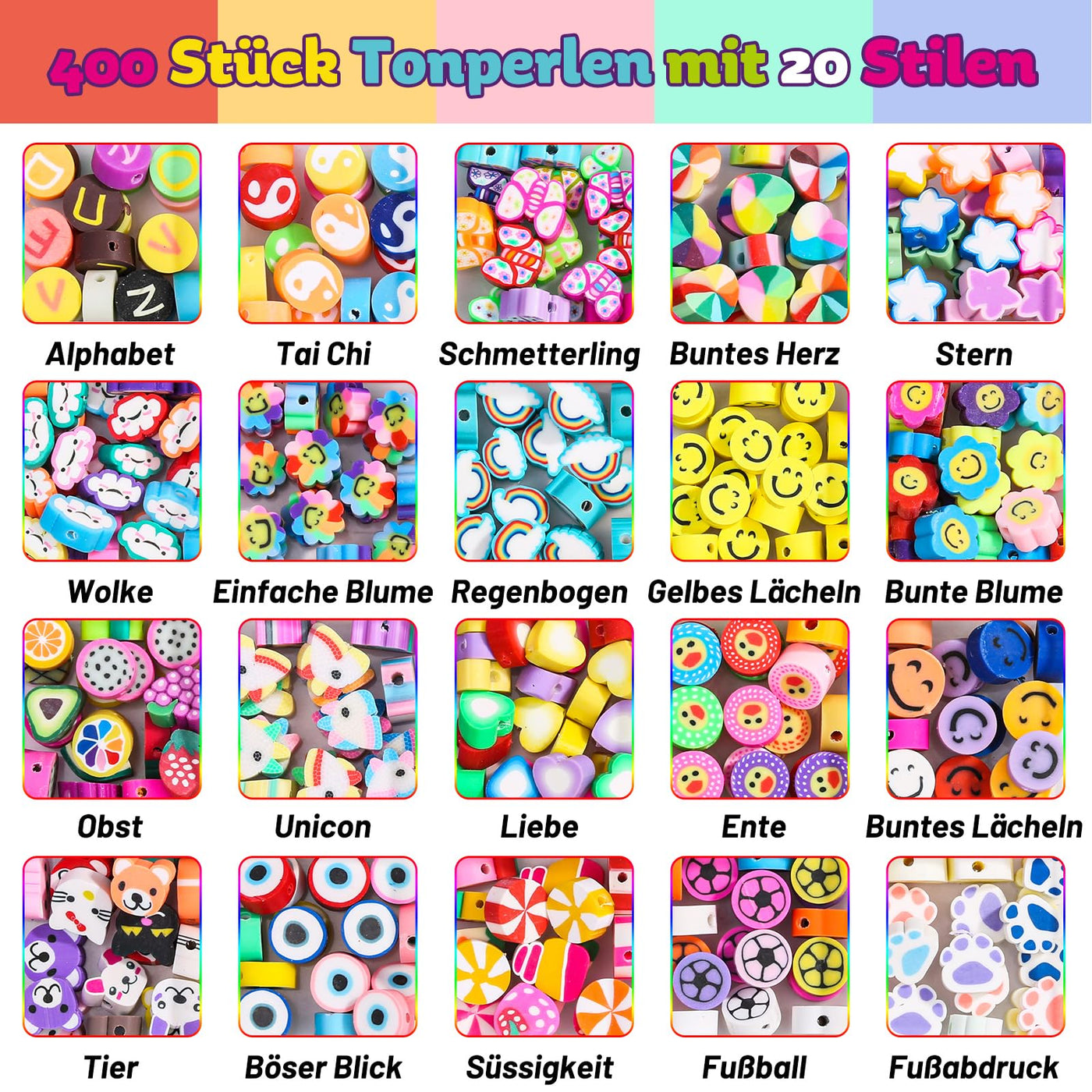 403 pièces perles pour enfilage, 120+pattern perles de polymère perles de pot doux avec fruits animaux bonbons arc-en-ciel étoile d'amour