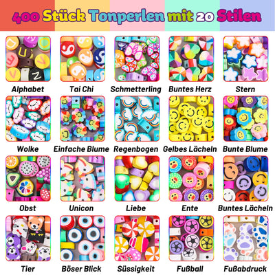 403 pièces perles pour enfilage, 120+pattern perles de polymère perles de pot doux avec fruits animaux bonbons arc-en-ciel étoile d'amour