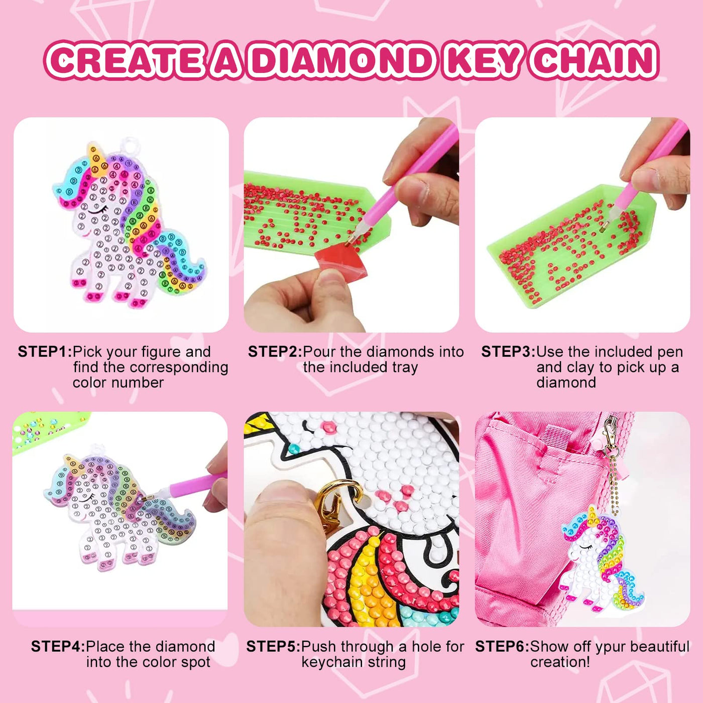 Diamond Painting Kids, Diamond Keychain DIY Diamond Painting Keychain Kits Kids 5D Unicorn Diamond