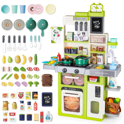Cuisine pour enfants Cuisine avec Son Léger Vapeur d'Eau et Accessoires de Cuisine, Ensemble de Jeux de Cuisine pour Enfants avec Réfrigérateur Lave-vaisselle Cuisinière Évier Four Nourriture Jouet de Cuisine pour Enfants à partir de 3 ans
