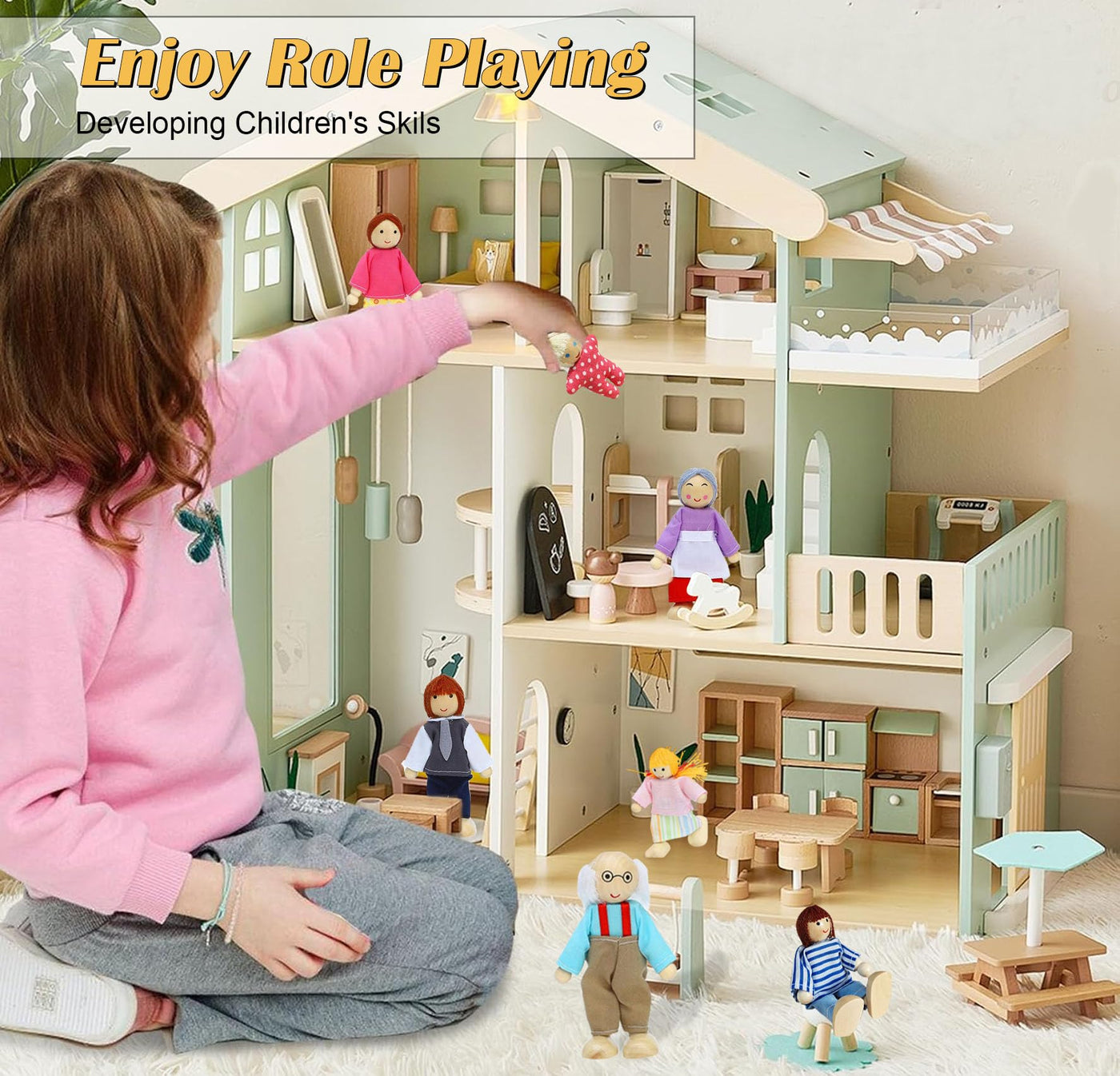 Figurines de Maison de Poupées 11 Pièces Poupées en Bois Famille Pliant des Poupées avec Chat et Chien pour Accessoires de Maison de Poupée