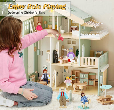 Figurines de Maison de Poupées 11 Pièces Poupées en Bois Famille Pliant des Poupées avec Chat et Chien pour Accessoires de Maison de Poupée