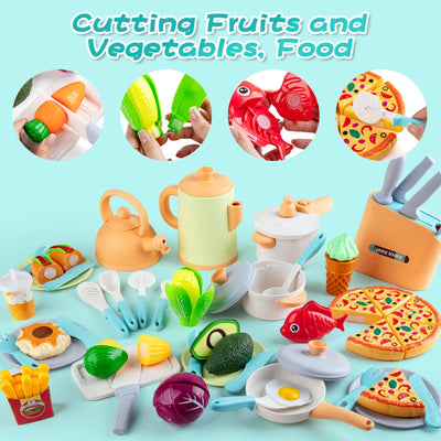 Children's kitchen accessories and pot set for role play, play kitchen accessories with cooking uniform fruit