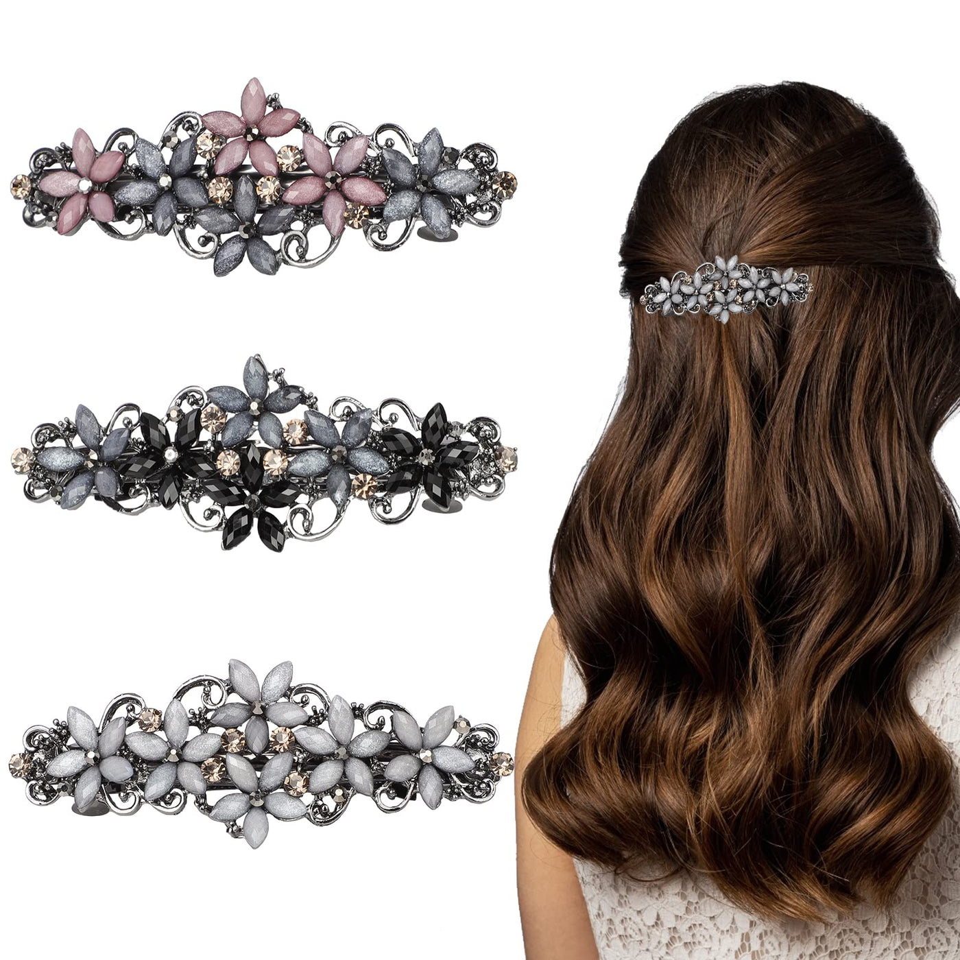 3 pieces Elegant barrettes Exquisite flower crystal barrettes Vintage