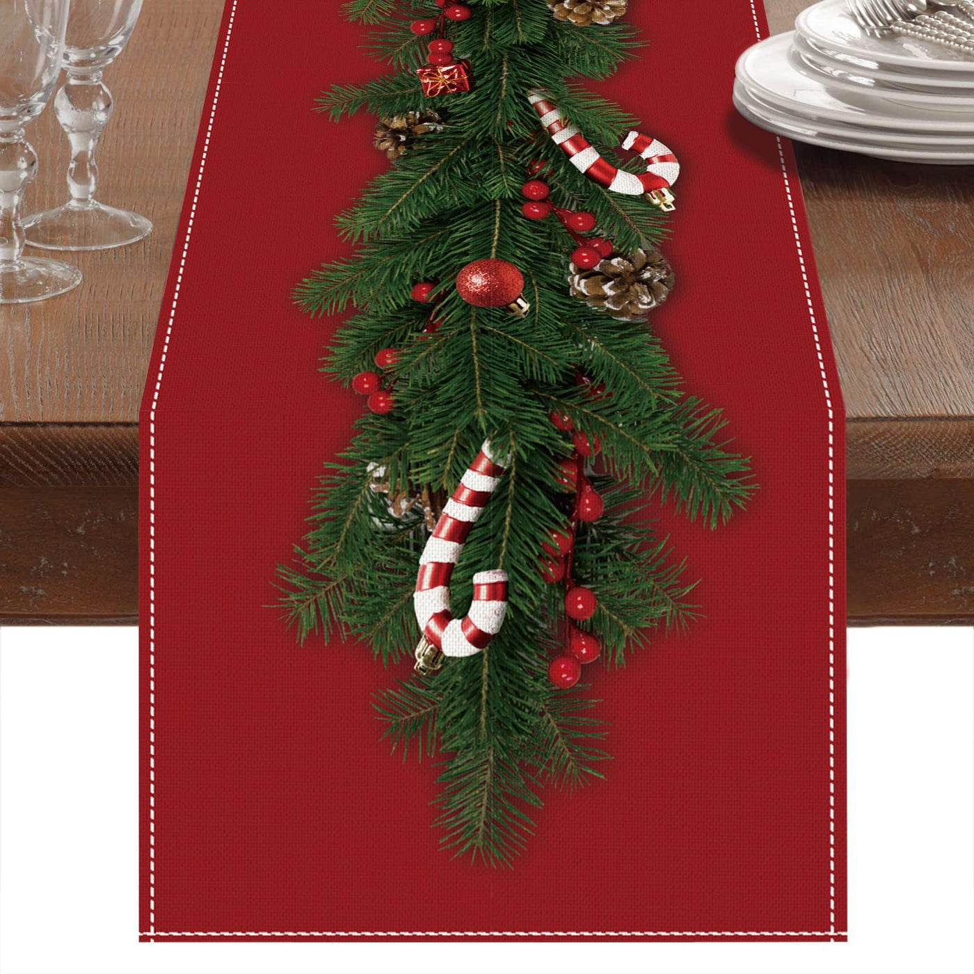 Christmas Table Runner Linen with Flowers Christmas Tree Bells Print, Long Rectangular Christmas Tablecloth for Christmas Dinner Table Decoration