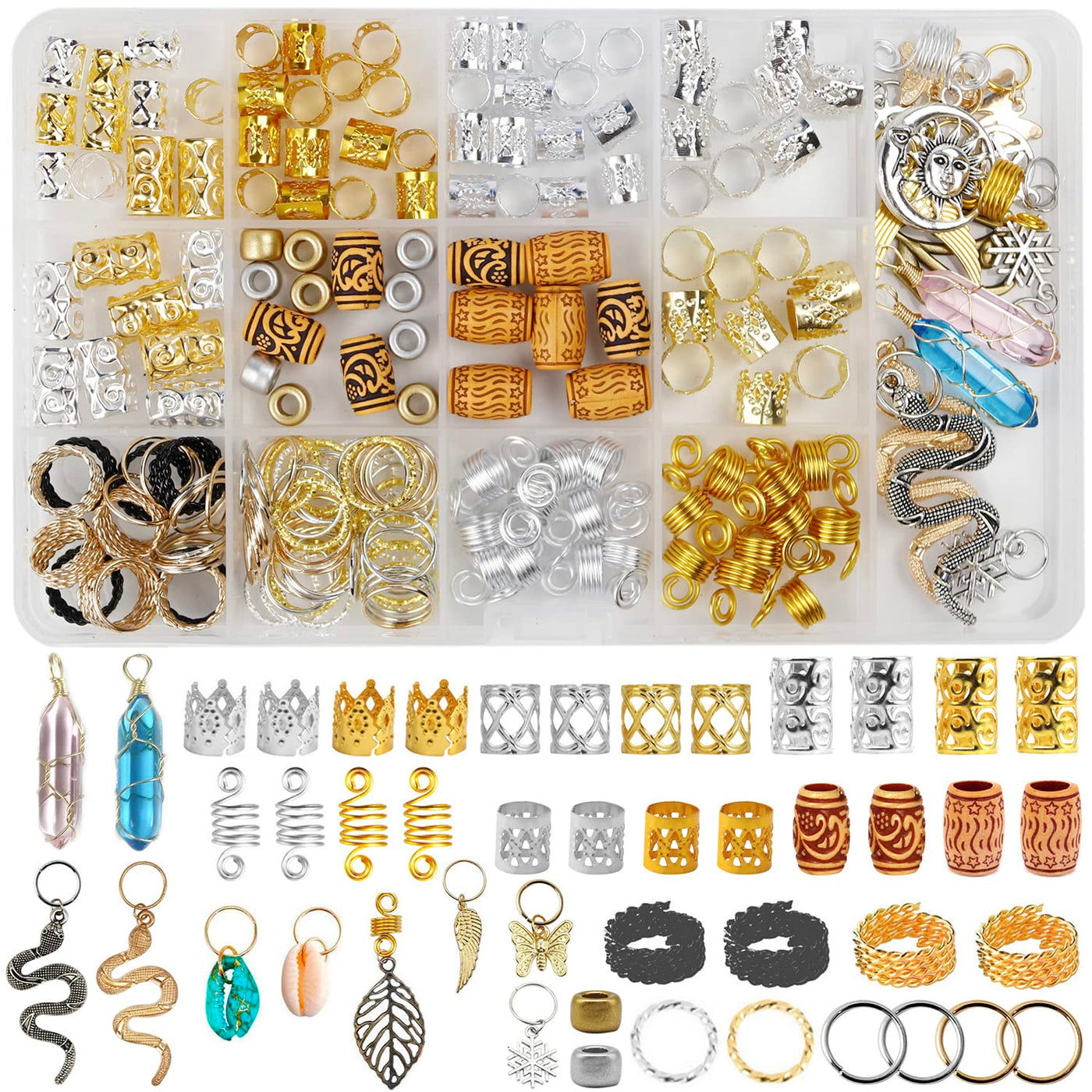 Pack of 180 Dreadlocks Jewellery, Dreadlocks Decoration Loc Hair Accessories for Women Braids Hair Accessories Imitation Wooden Beads Gold Metal Hair Rings Hair Cuffs Hair Bools Pendant for Braids