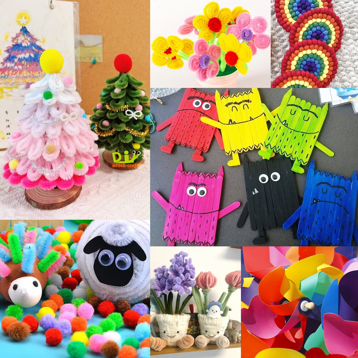 Colorful craft supplies for crafting craft kits for children with colored paper, foam rubber, pipe cleaners