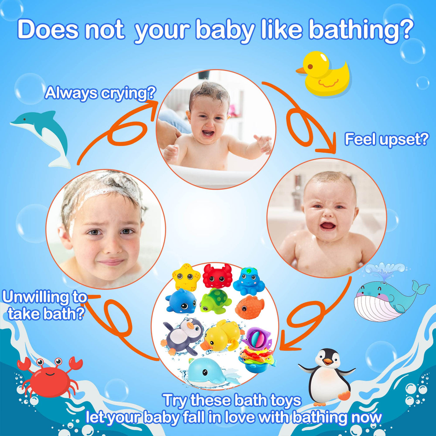 Baby bath toys water toys, 16Pcs kids bath toys with fishing net, bath toys baby kids toys baby bath penguin, swan, duck, whale