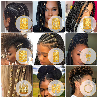 220 Pièces Accessoires pour Cheveux en Or pour Tresses, Bijoux Loc pour Cheveux Dreadlock Breloques pour Cheveux pour Femmes, Tresses en Métal Doré, Bagues, Pinces de Manchette pour Accessoires Dreadlock, Tresses pour Cheveux